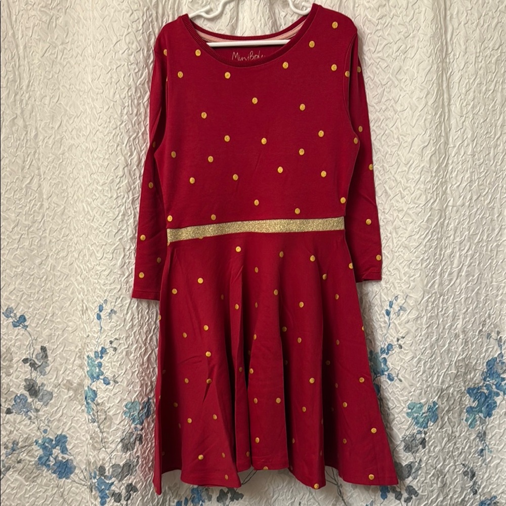 Mini Boden red golden polkadots ballerina Long Sleeve Dress 8-9y